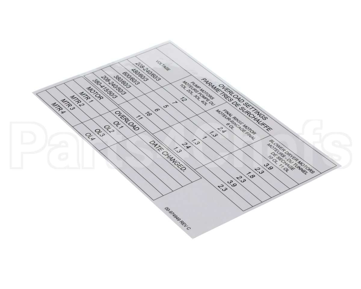 00-974949 Hobart Label, Overload Settings