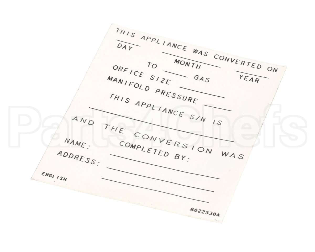 8022530 Frymaster Label,Conversion Date, English
