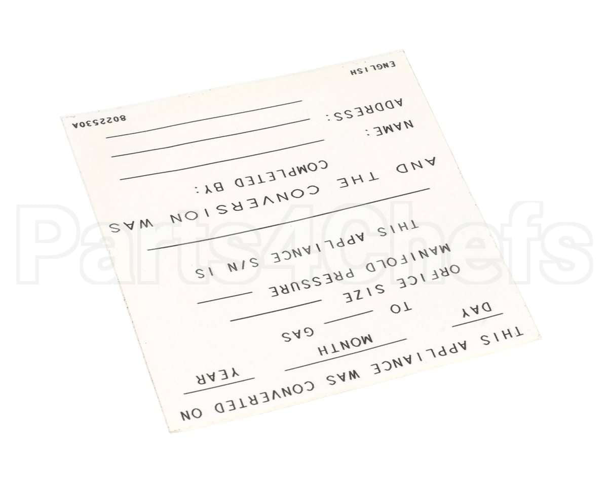 8022530 Frymaster Label,Conversion Date, English