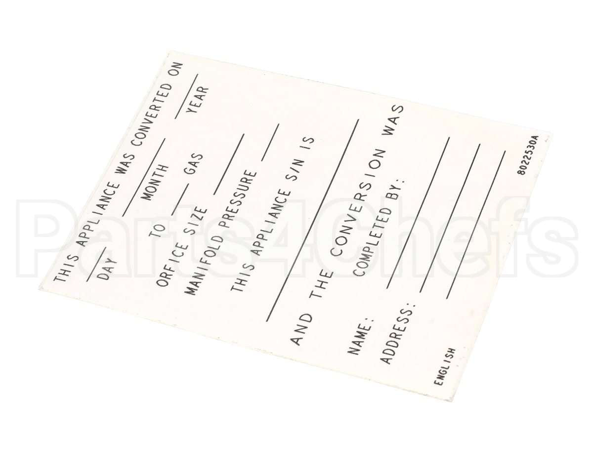 8022530 Frymaster Label,Conversion Date, English