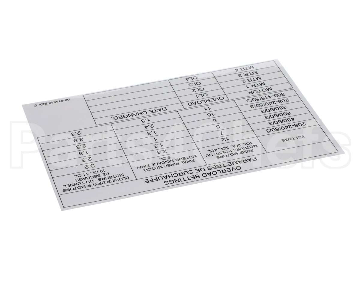 00-974949 Hobart Label, Overload Settings