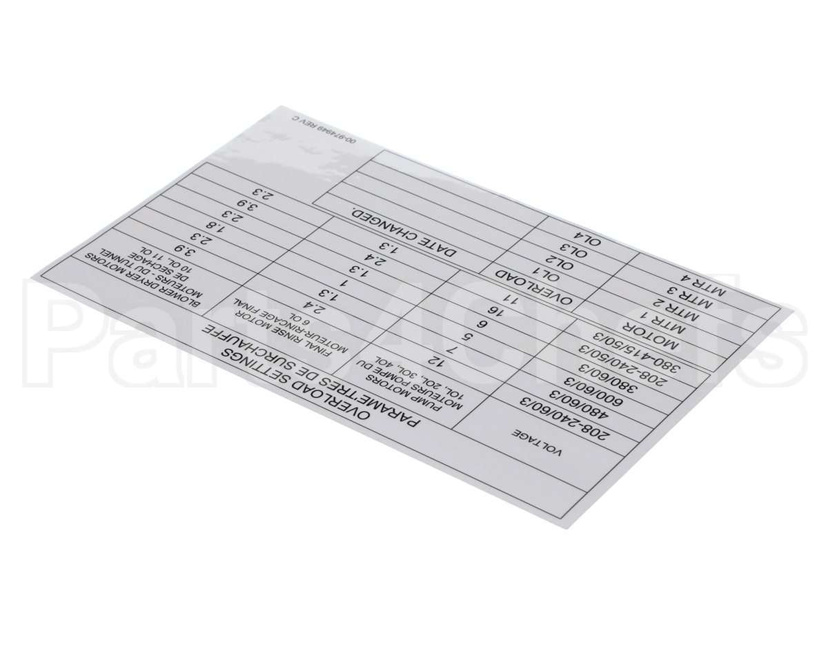 00-974949 Hobart Label, Overload Settings
