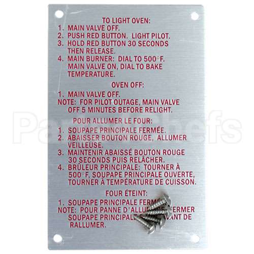 20326 Compatible Blodgett Instruction Plate