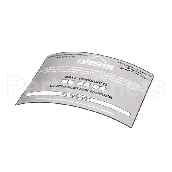 US192-024276 Compatible Carpigiani Decal-Pm Certification
